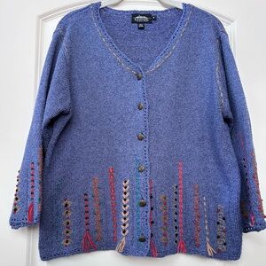 Icelandic Design Silk Blend V Neck Cardigan. Decorative stitching ribbon.  EUC.